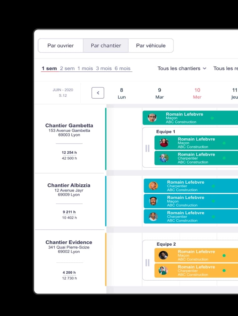 Planning chantier Tim Management avec gestion des ouvriers, équipes et véhicules