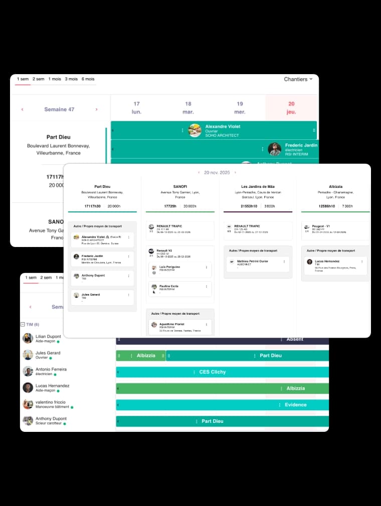 Planning chantier Tim Management avec gestion des ouvriers, engins et affectations