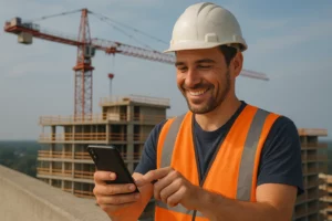 Un ouvrier de chantier en gilet haute visibilité utilisant un logiciel de pointage sur smartphone devant une grue et un bâtiment en construction