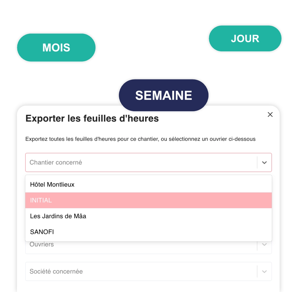 Interface d’export des feuilles d’heures pour ouvriers du BTP sur Tim Management, un logiciel de pointage chantier