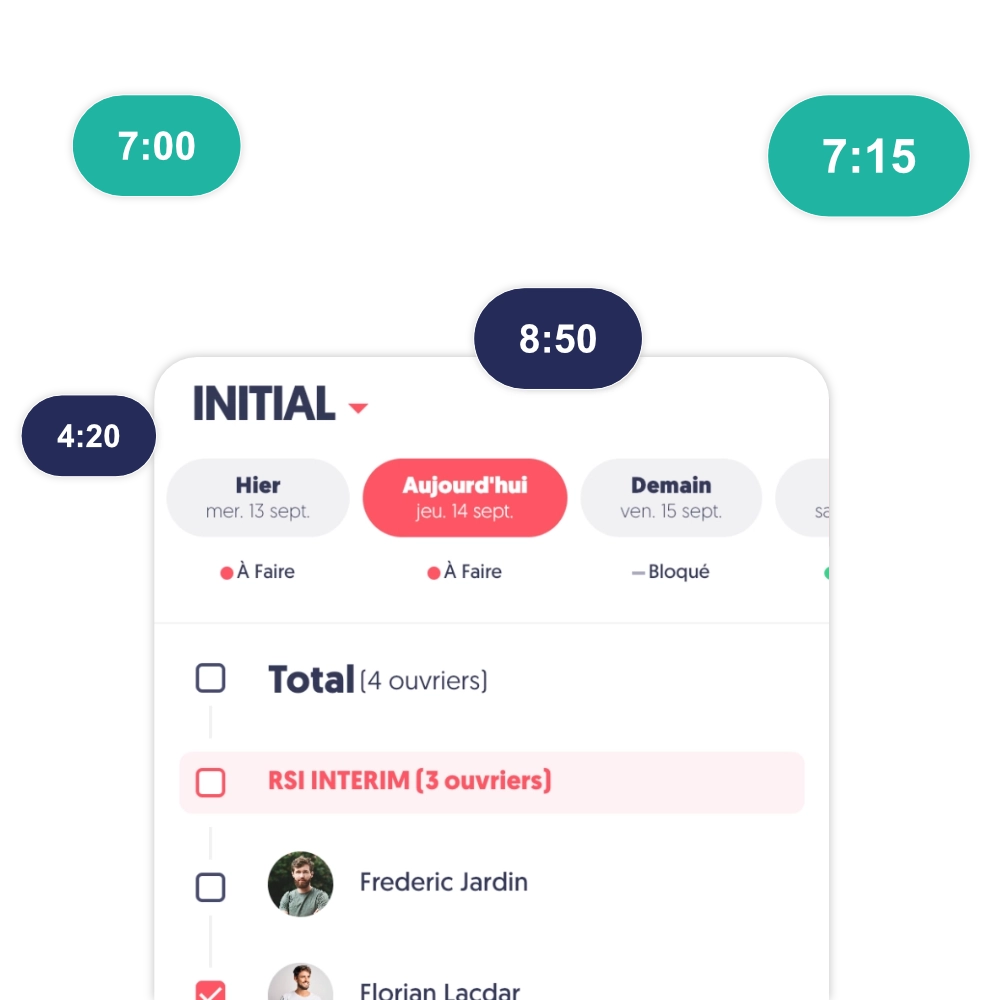 Interface de pointage ouvrier du BTP affichant les heures journalières (7:00, 8:50, 7:15, 4:20) dans le logiciel de pointage chantier Tim Management