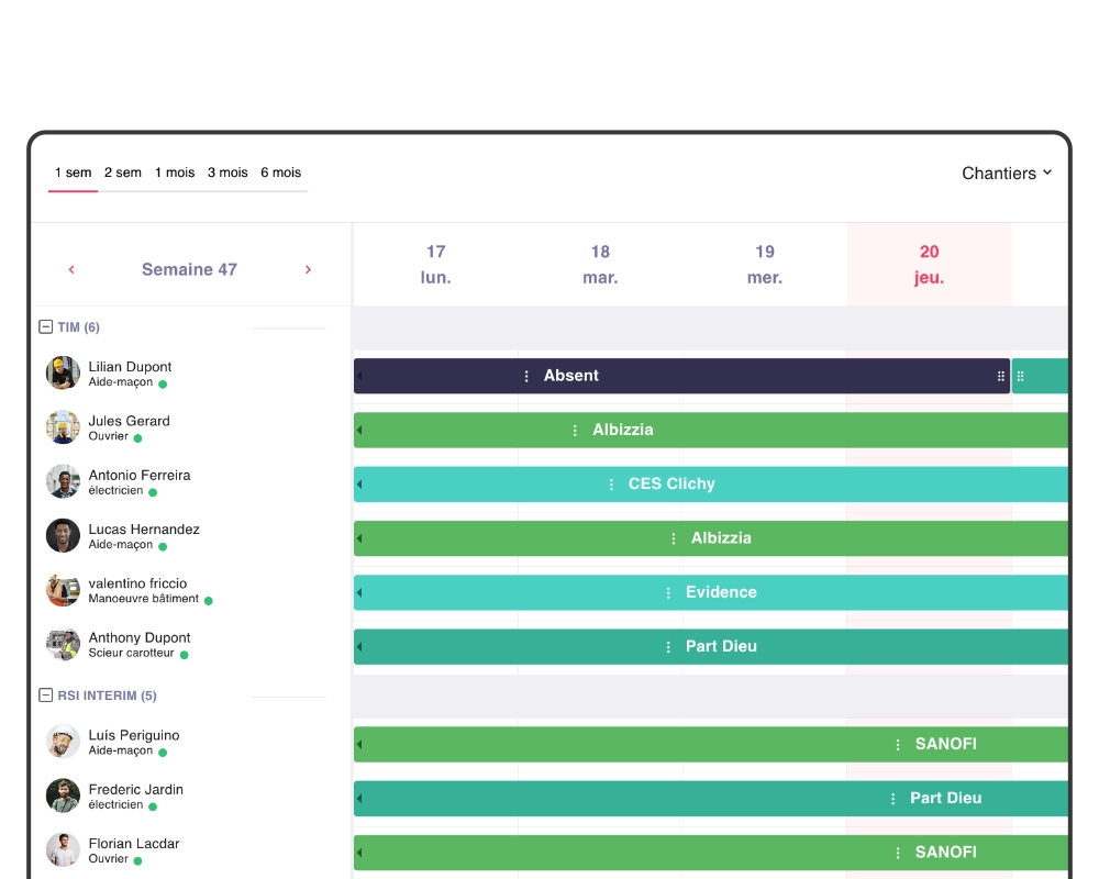Interface de pointage ouvrier du BTP affichant les heures journalières (7:00, 8:50, 7:15, 4:20) dans le logiciel de pointage chantier Tim Management