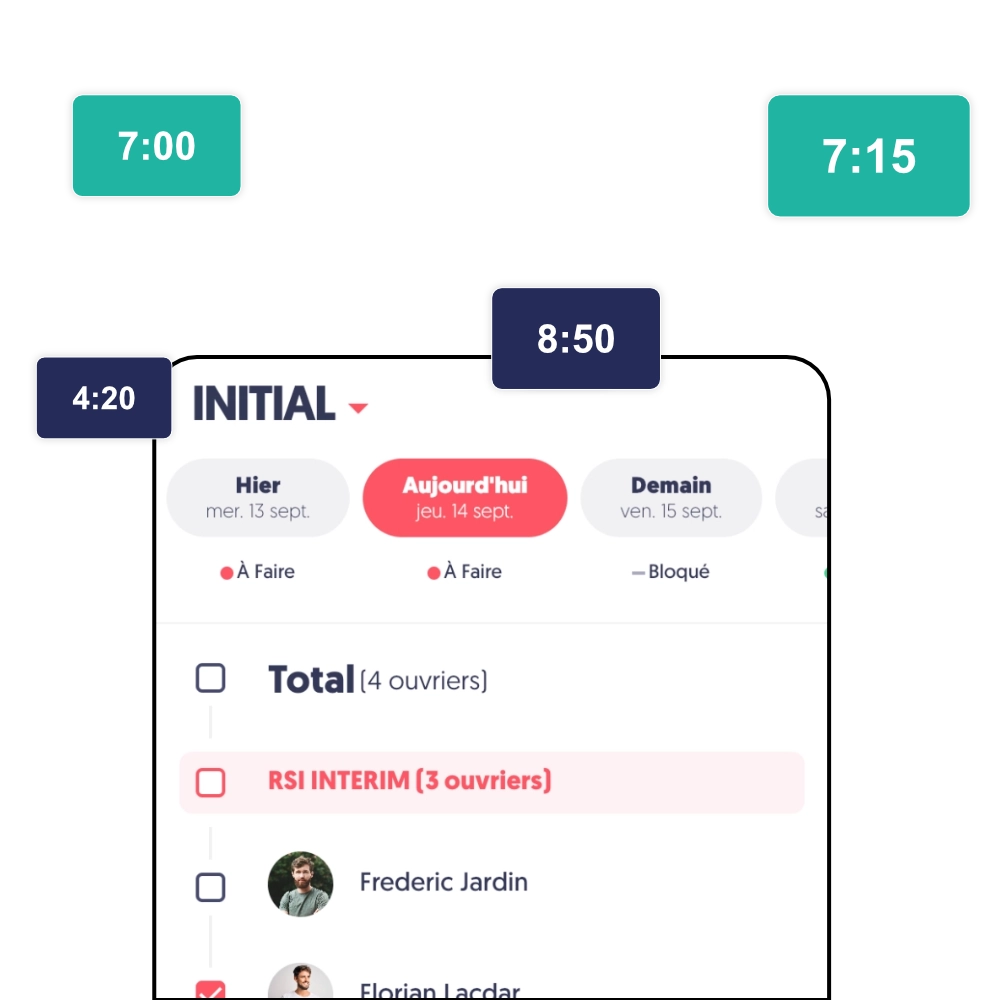 Interface de pointage ouvrier du BTP affichant les heures journalières (7:00, 8:50, 7:15, 4:20) dans le logiciel de pointage chantier Tim Management